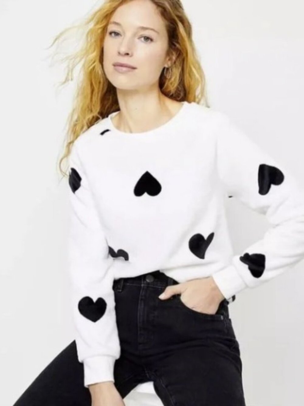 LOFT Women's Faux Fur Heart print Black & White Pullover Sweatshirt